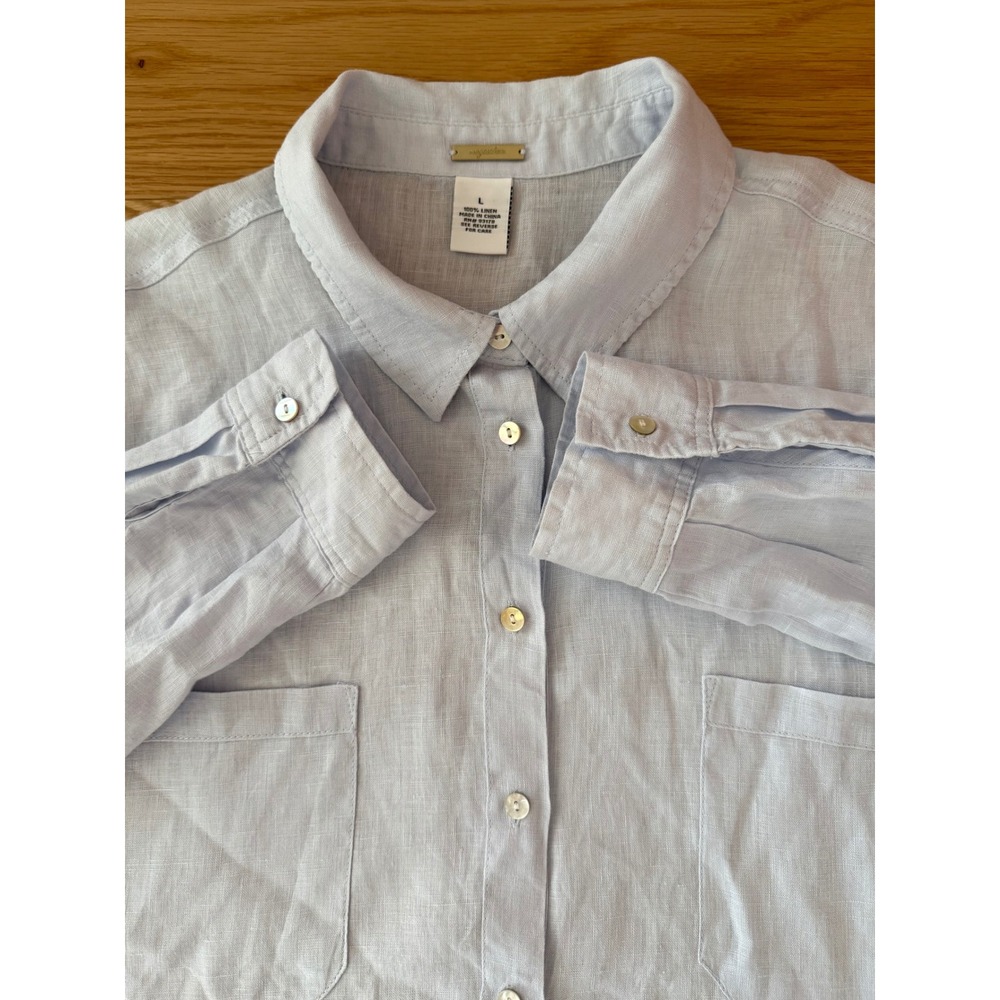 Magaschoni Sz L Light Blue 100% Linen Button Down Shirt
